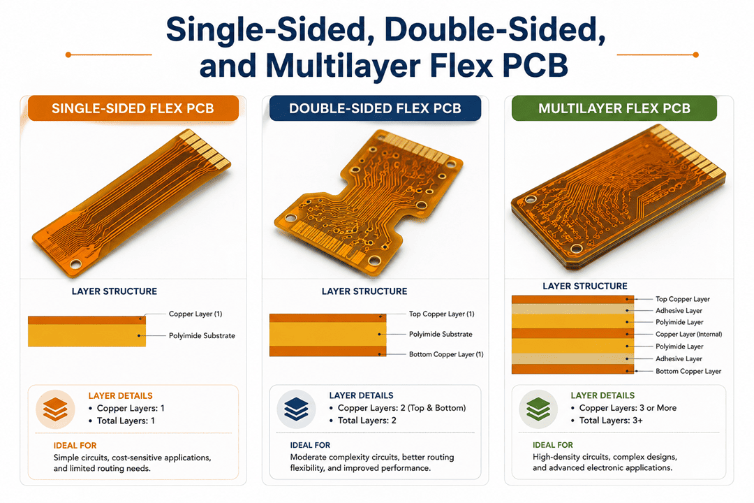 single-sided, double-sided, and multilayer flex pcb types